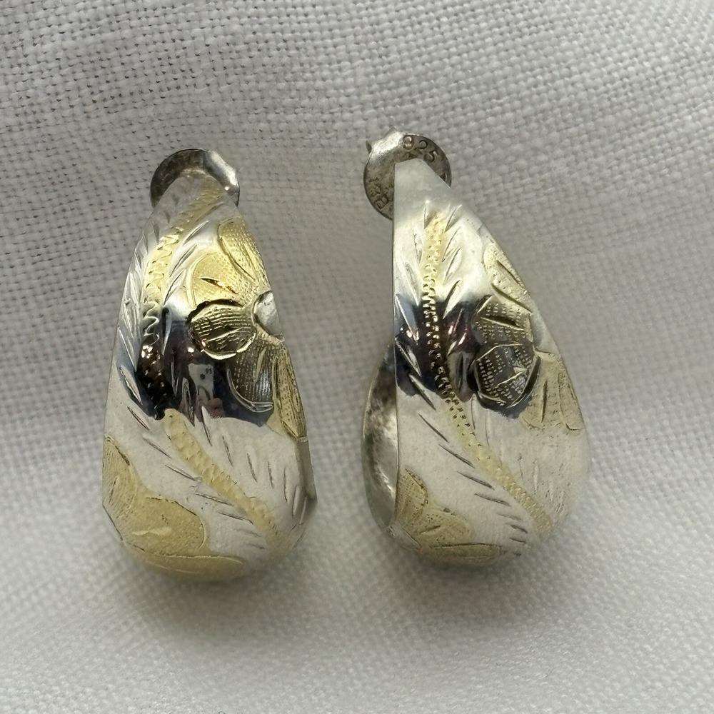 Sterling Silver Gold Tone Wash Hoop Earrings Etched Floral Pierced IBB Thailand